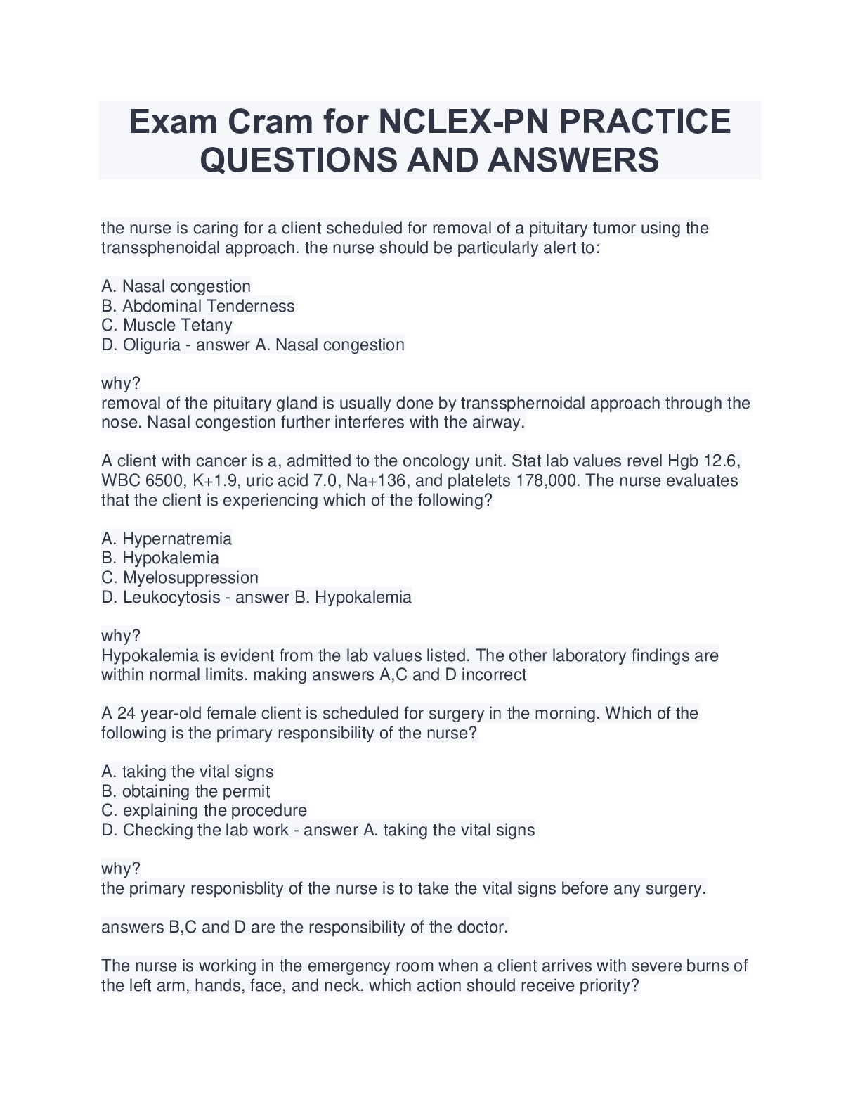 Preview image for Exam Cram for NCLEX-PN PRACTICE  QUESTIONS AND ANSWERS